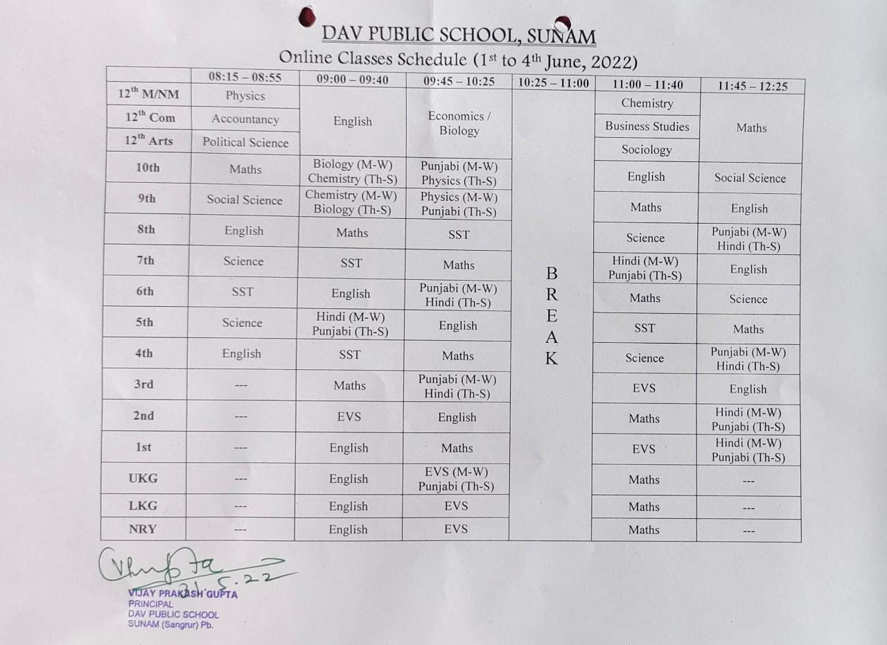 Online Classes Schedule