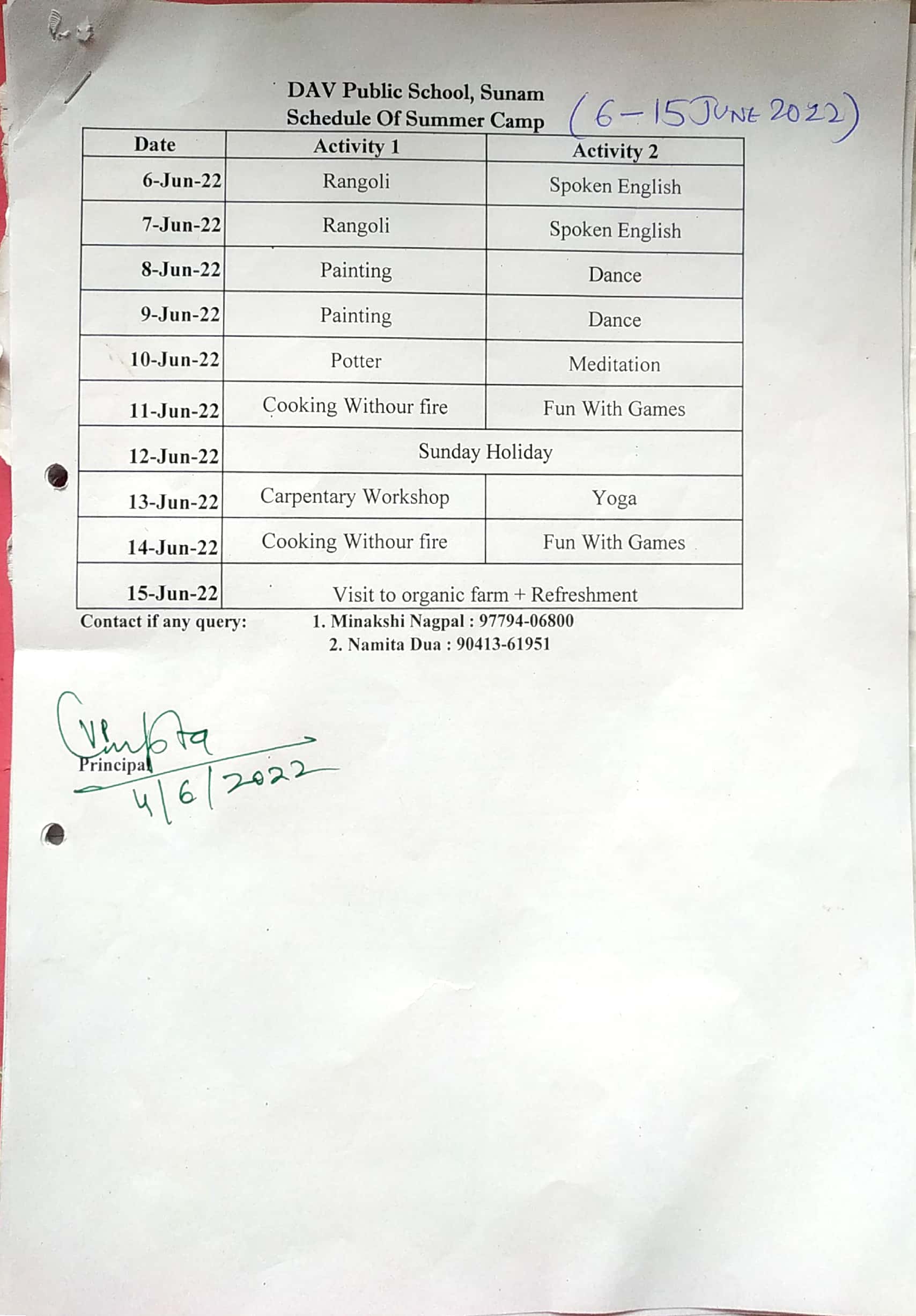 Schedule of Summer Camp 6-15 June 2022